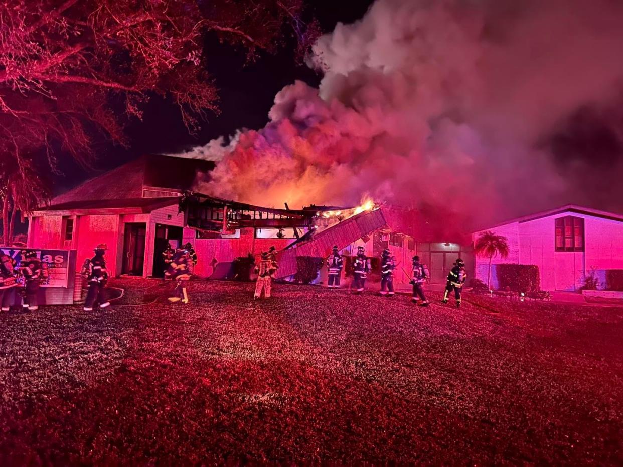 No one suffered injuries after authorities say a fire destroyed a large portion of a church's roof. South Trail Fire & Rescue, aided by Iona McGregor Fire District, responded to a blaze at Villas Wesleyan Church, 8400 Beacon Blvd., in Fort Myers, at 8:09 p.m. Tuesday, Feb. 13, 2024.