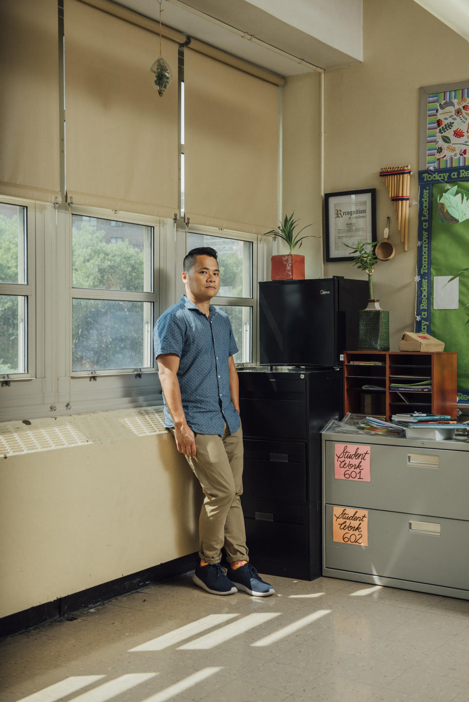 Humanities teacher Binh Thai in his classroom at University Neighborhood Middle School in New York City on Aug. 16.