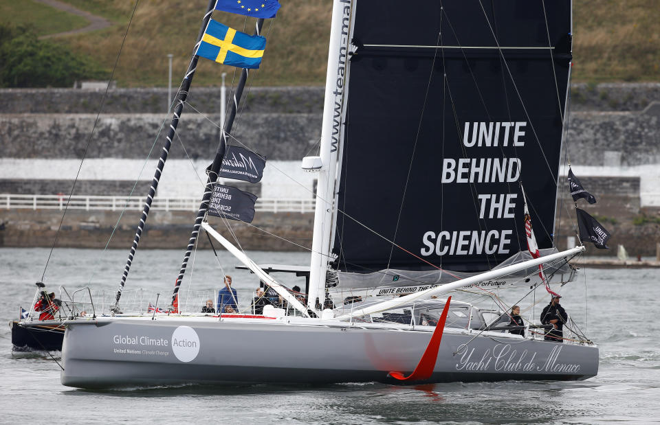 Swedish teenage climate activist Greta Thunberg starts her trans-Atlantic boat trip to New York, in Plymouth, Britain, August 14, 2019. REUTERS/Henry Nicholls