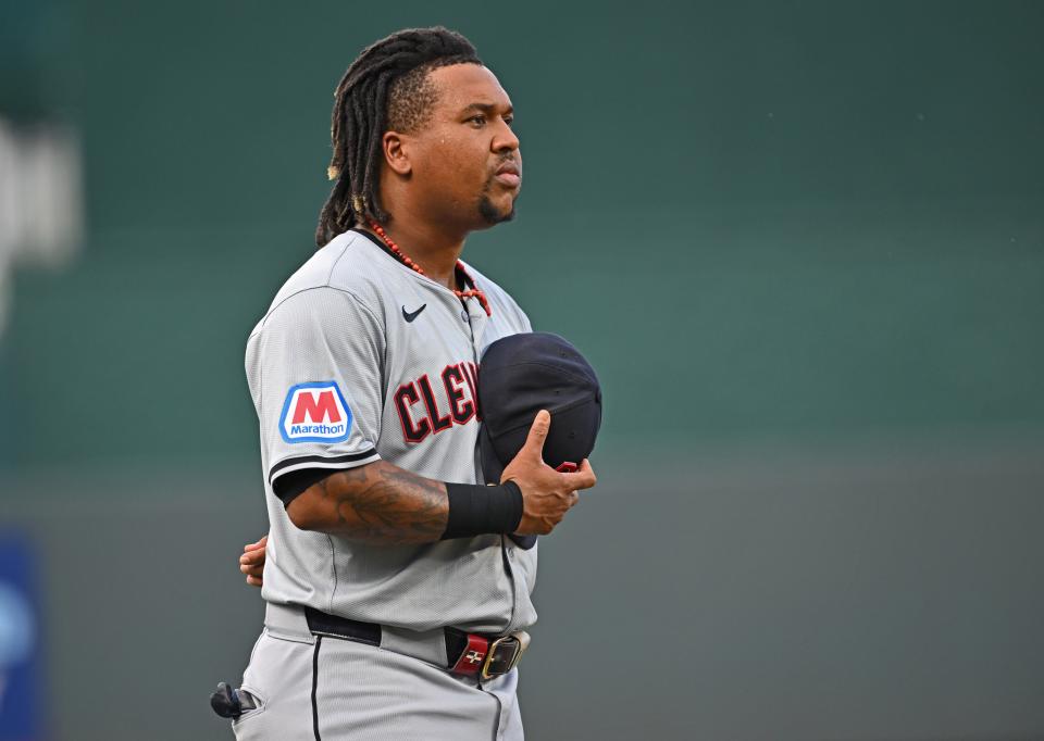 Jun 28, 2024; Kansas City, Missouri, USA; Cleveland Guardians third baseman Jose Ramirez (11) during the national anthem before a game against the Kansas City Royals at Kauffman Stadium. Mandatory Credit: Peter Aiken-USA TODAY Sports