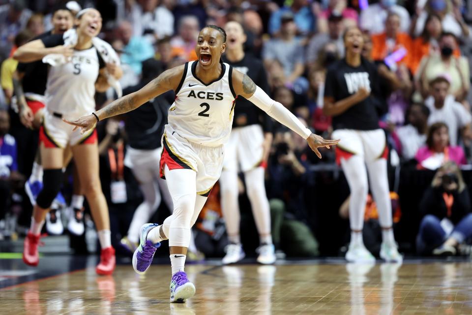 Las Vegas Aces guard Riquna Williams celebrates in the closing seconds of the win in Game 4 of the WNBA Finals.