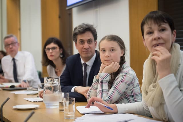 Environment Secretary Michael Gove (left), former Labour leader Ed Miliband (centre), Green Party leader Caroline Lucas (right), and Swedish climate activist Greta Thunberg (2nd right)