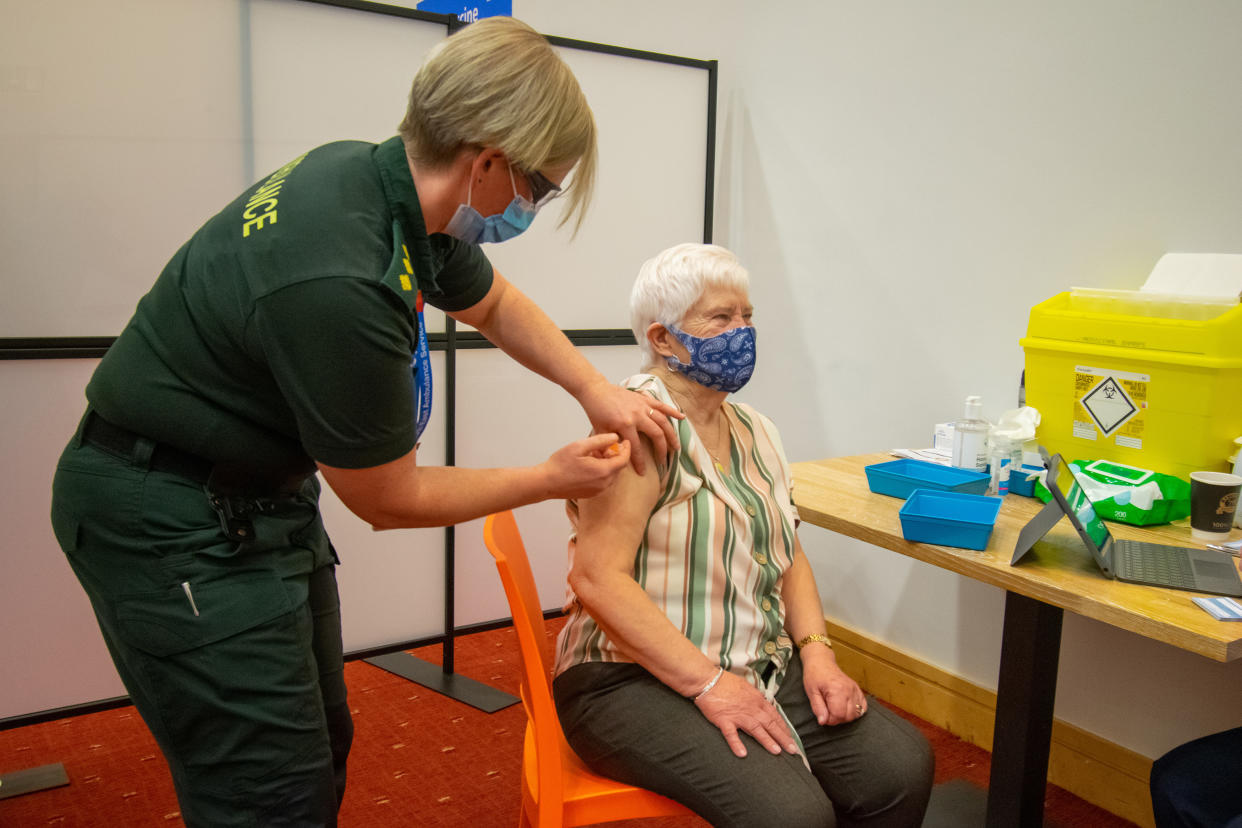  An elderly woman receives an injection of a Covid-19 vaccine at a NHS vaccination centre that has been set up at the Life Science Centre.
Serval mass vaccination centres now opened to the general public as the government continues to ramp up the vaccination programme against Covid-19. (Photo by Nicolas Briquet / SOPA Images/Sipa USA) 