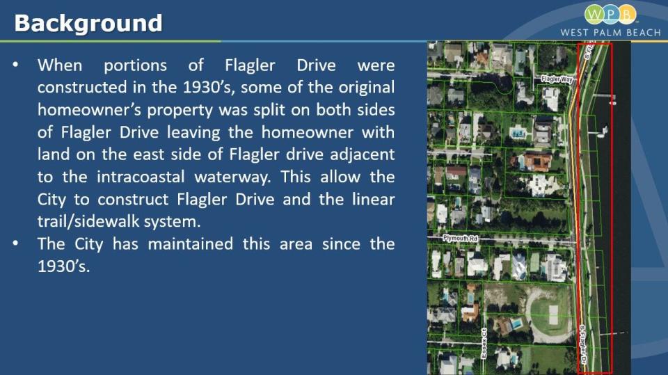 The area marked in red includes properties that have land east and west of Flagler Drive in West Palm Beach. The city has maintained the property east of Flagler since its construction decades ago.