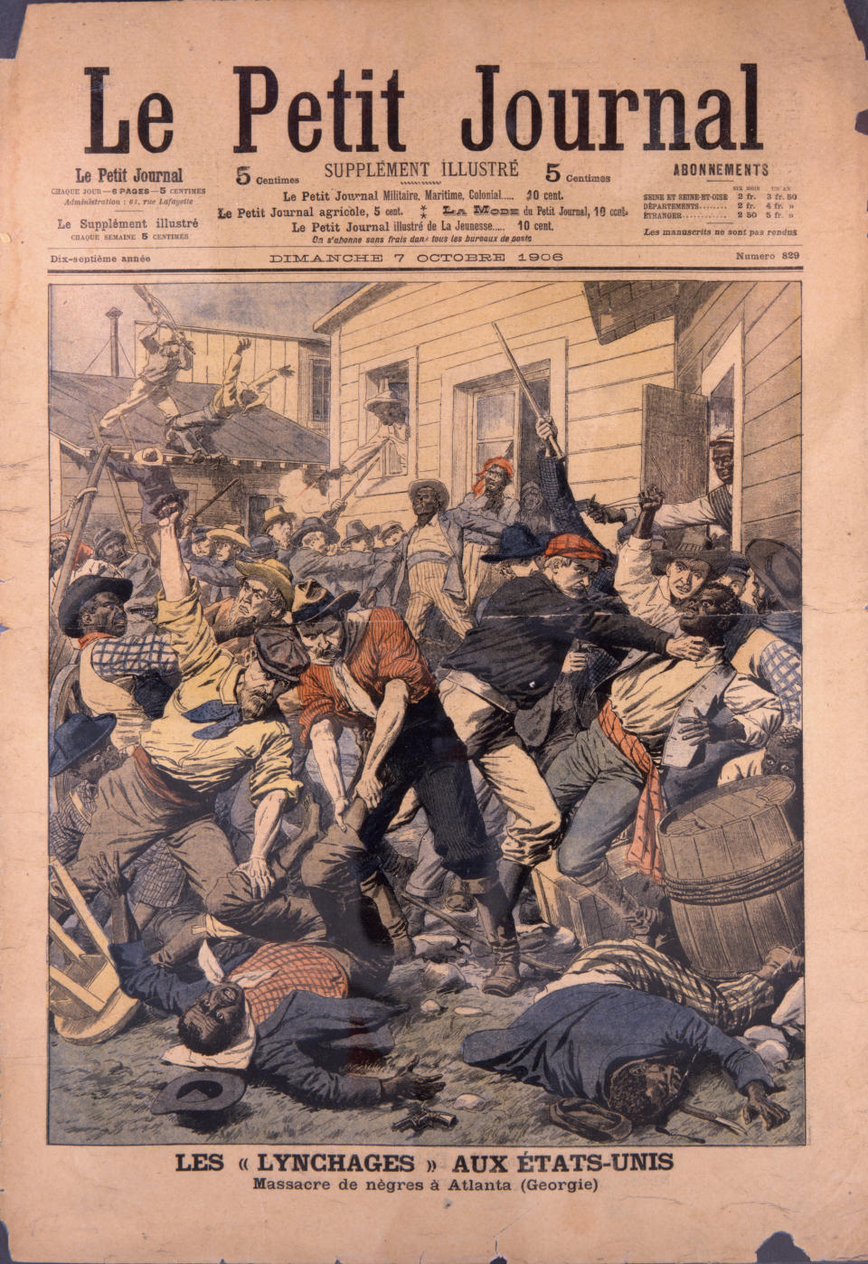 This photo provided by Kenan Research Center at the Atlanta History Center shows the cover of the French magazine, Le Petit Journal, from Oct. 7, 1906, depicting a drawing titled “Massacre of Negroes at Atlanta.” (Kenan Research Center at the Atlanta History Center via AP)