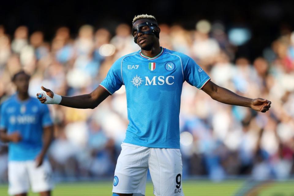 NAPLES, ITALY - MAY 11: Victor Osimhen of SSC Napoli looks disappointed during the Serie A match between SSC Napoli and Bologna FC at Stadio Diego Armando Maradona on May 11, 2024 in Naples, Italy. (Photo by Francesco Pecoraro/Getty Images)