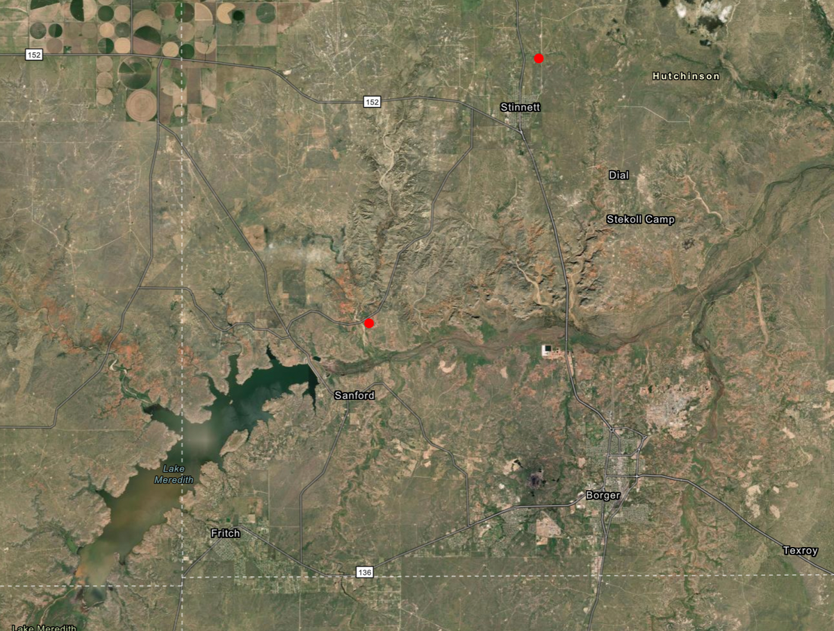 The Smokehouse Creek and 687 Reamer fires are burning in Hutchinson County (Texas A&M Forest Service)