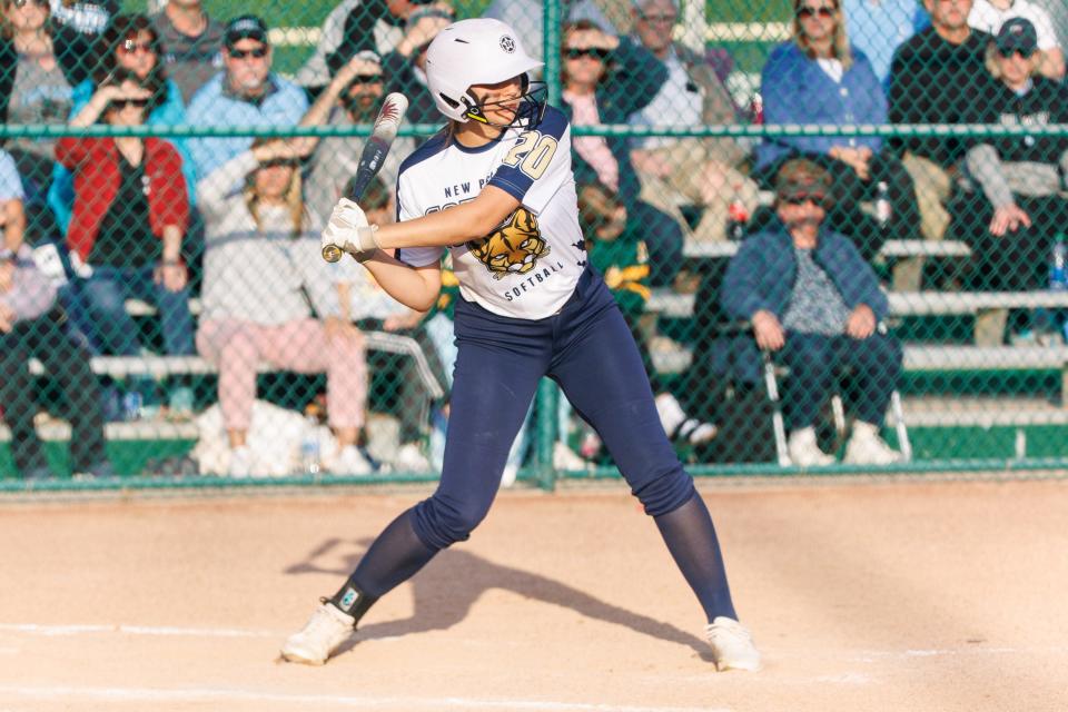 New Prairie's Ava Geyer at bat during the Saint Joseph-New Prairie high school 3A sectional softball game on Monday, May 23, 2022, at Newton Park in Lakeville, Indiana.