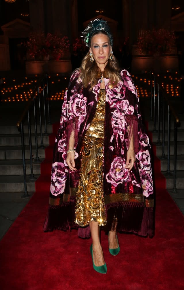 The 53-year-old actress went all out for a Dolce & Gabbana event at the New York Public Library on Friday night.