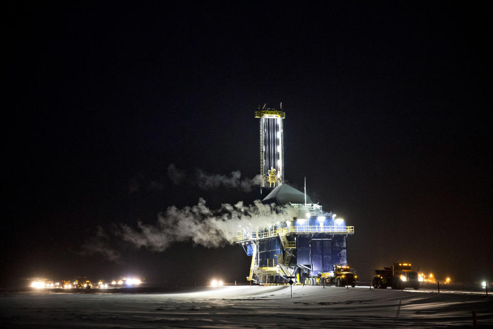 Image: The Nabors Alaska Drilling Inc. CDR2 AC oil drill rig is moved along a road in the North Slope in Prudhoe Bay, (Daniel Acker / Bloomberg via Getty Images file)
