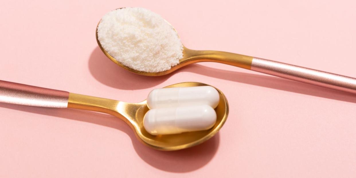 collagen powder and pills on pink background