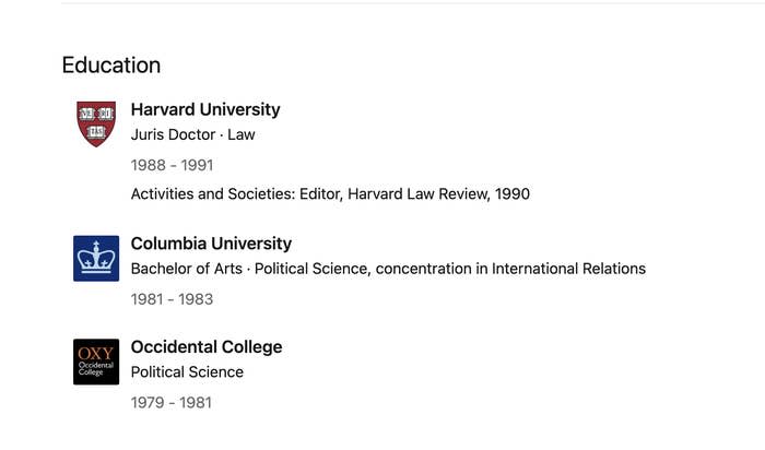 Obama's Education from his LinkedIn profile