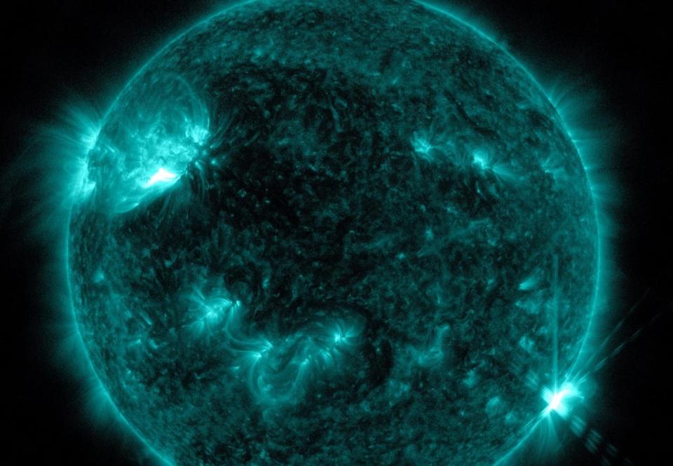 NASA’s Solar Dynamics Observatory captured this image of a solar flare – as seen in the bright flash in the lower right portion of the image (NASA/SDO)