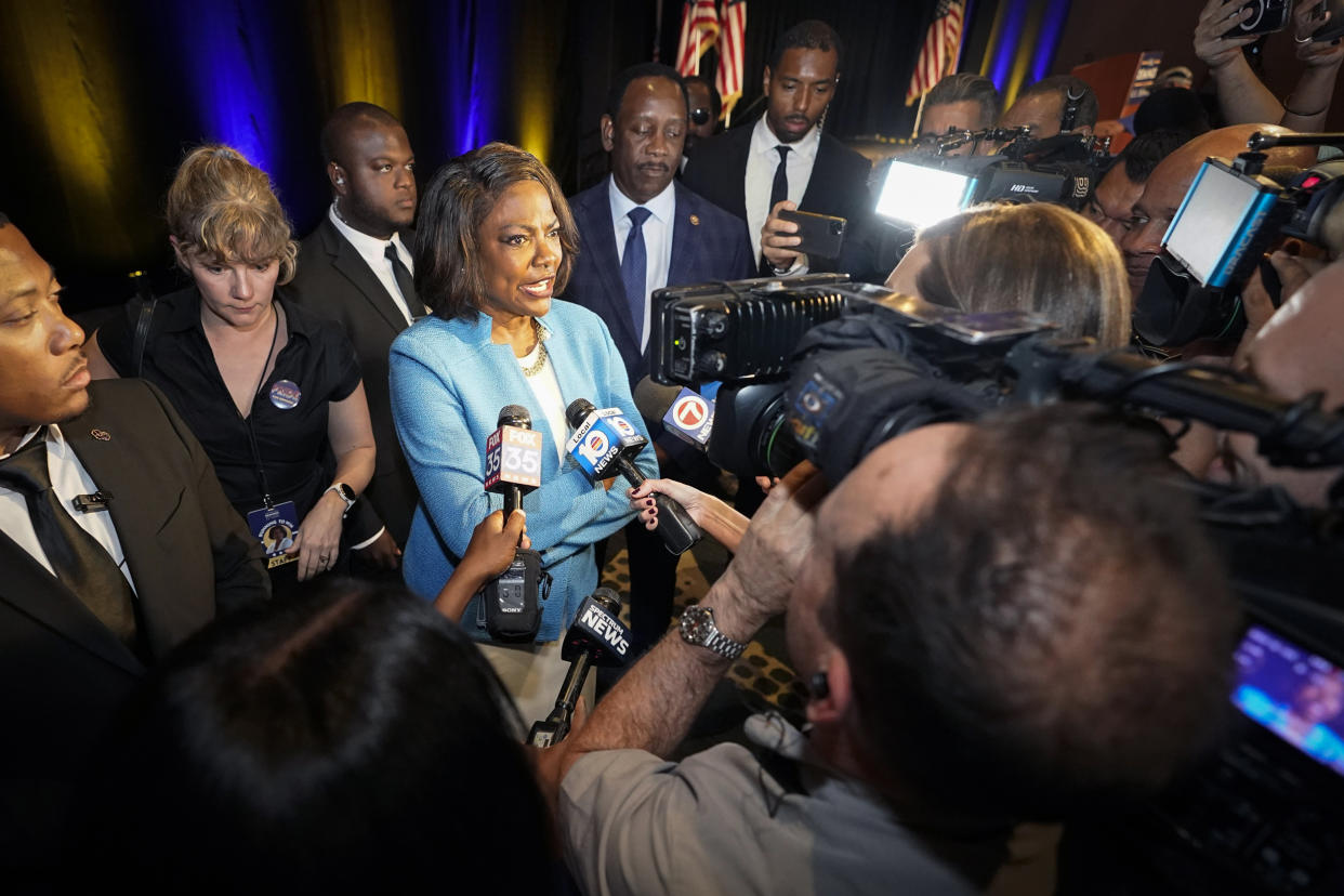 Image: Democratic Senate candidate Rep. Val Demings, D-Fla., speaks to reporters after he she was defeated in her bid for election on Nov. 8, 2022, in Orlando, Fla. (John Raoux / AP)