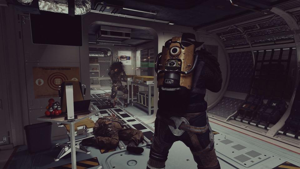 Starfield screenshot of gunplay seen from behind the shoulder of humans aboard a spaceship.