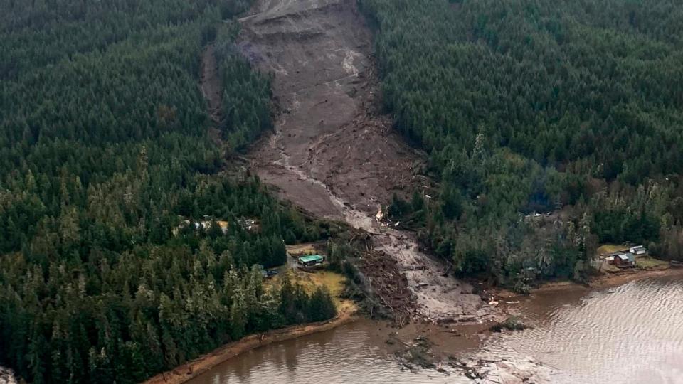 PHOTO: This photo provided by Sunrise Aviation shows the landslide that occurred the previous evening near Wrangell, Alaska, on Nov. 21, 2023.  (Sunrise Aviation via AP)