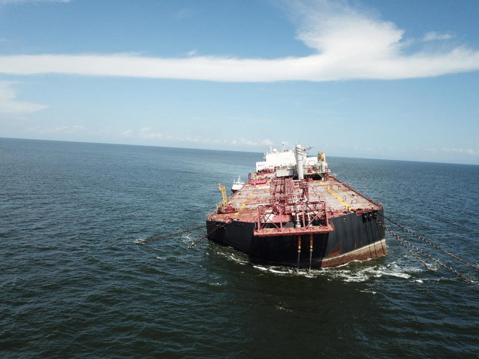 The Nabarima floating storage and offloading (FSO) facility, operated by the Petrosucre joint venture between Venezuelan state oil company Petroleos de Venezuela and Italy's Eni, is seen tilted in the Paria Gulf, between Venezuela and Trinidad and Tobago, October 16, 2020.  / Credit: Fishermen and Friends of the Sea via Reuters