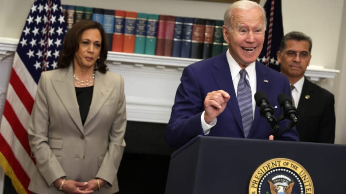 President Joe Biden (center) delivers remarks on reproductive rights in the Roosevelt Room of the White House in July 2022 as Vice President Kamala Harris (left) and Secretary of Health and Human Services Xavier Becerra (right) listen in. (Photo: Alex Wong/Getty Images)