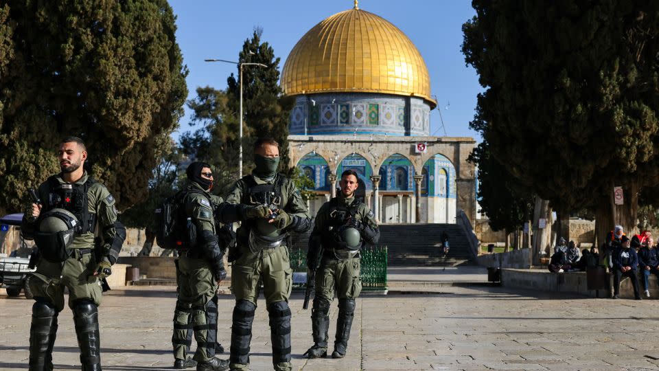 Members of Israeli security forces guard the al-Aqsa Mosque compound following clashes that erupted during Islam's holy fasting month of Ramadan in Jerusalem on April 5. - Ahmad Gharabli/AFP/Getty Images
