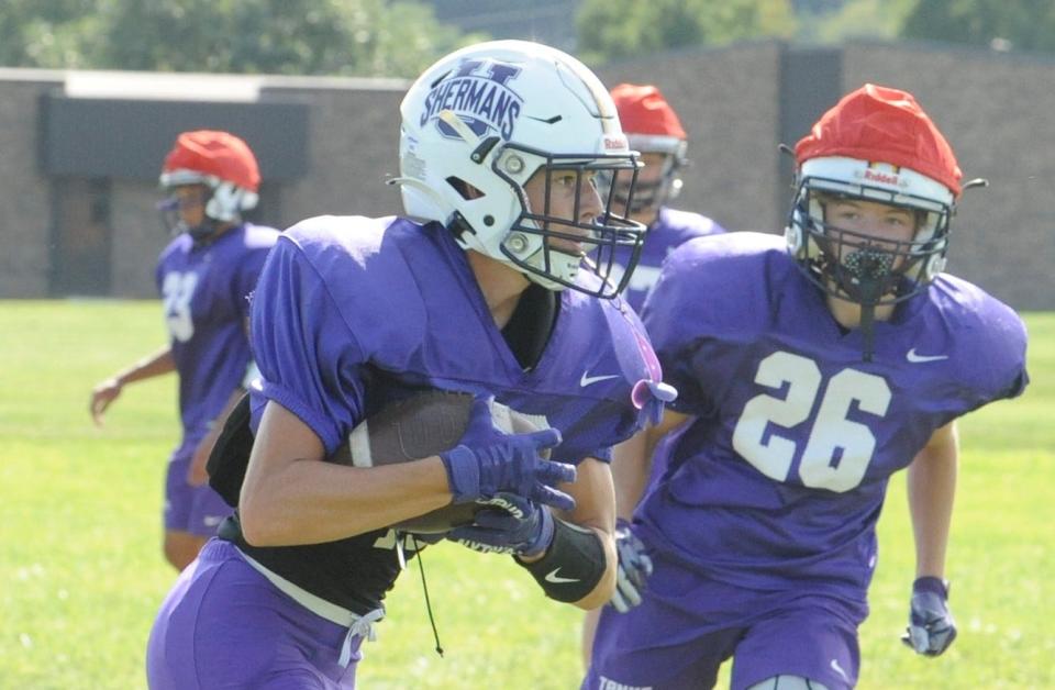 The Unioto Shermans held practice on Monday afternoon during the first official week of practices of the 2023 high school football season. (Syndication: Chillicothe Gazette)