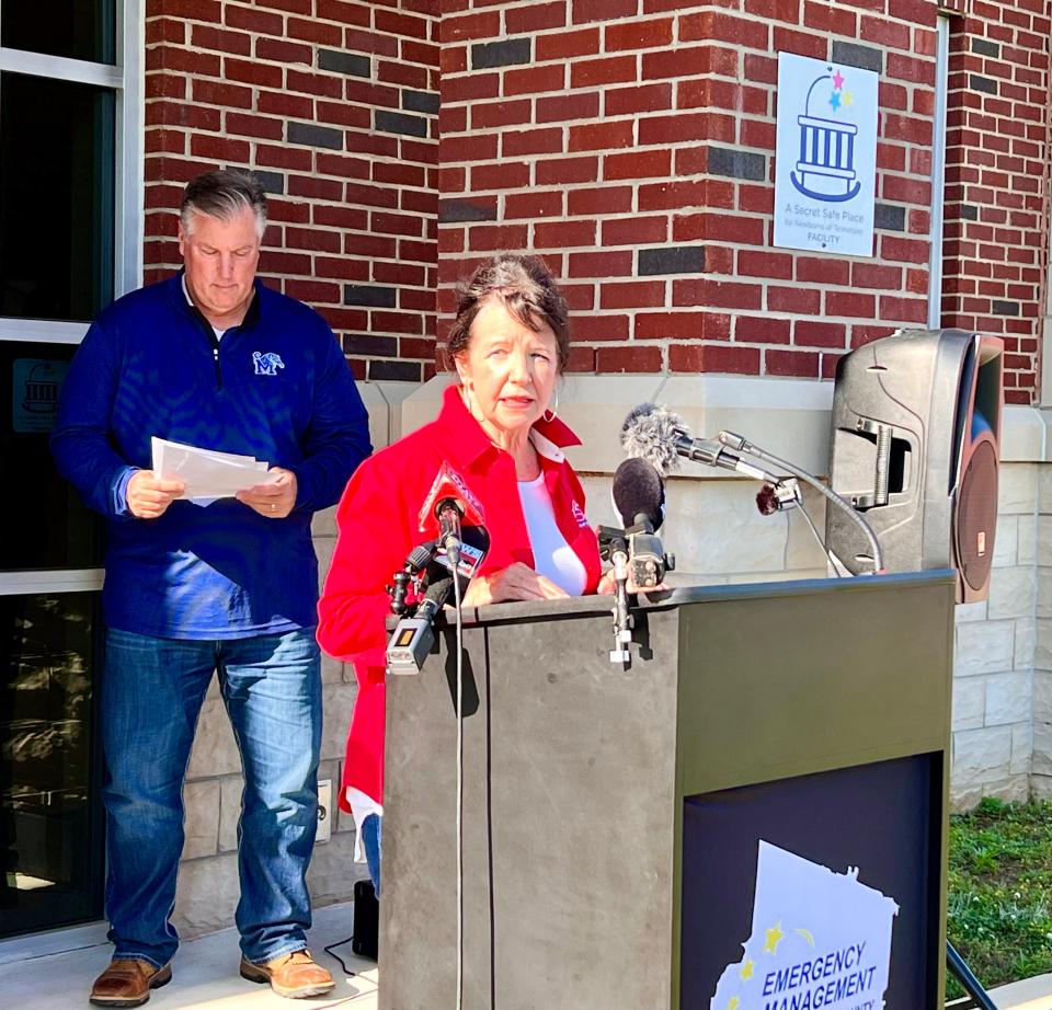 Maury County Mayor Shiela Butt speaks at Fire Station No. 3 on Thursday, May 9, 2024 following Columbia's first day of recovery after Wednesday's damaging storms, which resulted in a tornado, many homes destroyed and one fatality.