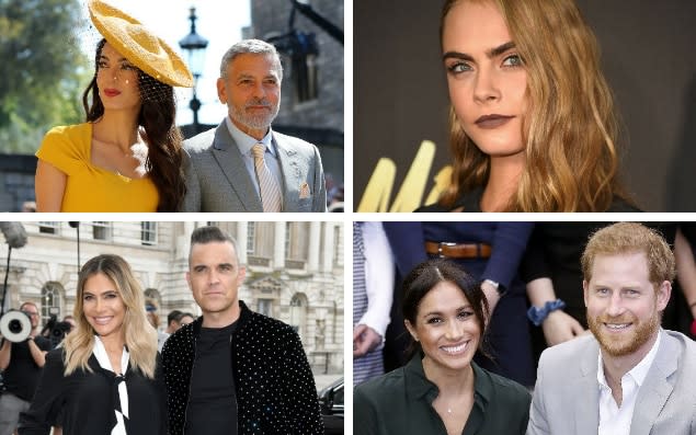 The Clooneys, Cara Develingne, Robbie Williams and his wife Ayda, and the Duke and Duchess of Sussex are all rumoured to be on the guest list - PA / Reuters / WireImage / Getty