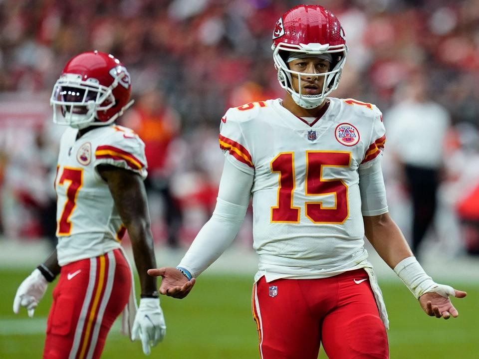 Patrick Mahomes reacts after a play against the Arizona Cardinals.