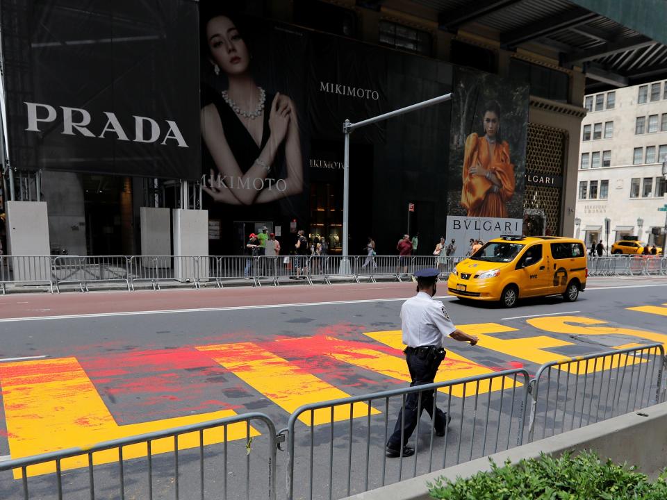 Red paint splashed over the Black Lives Matter mural in front of Trump Tower.