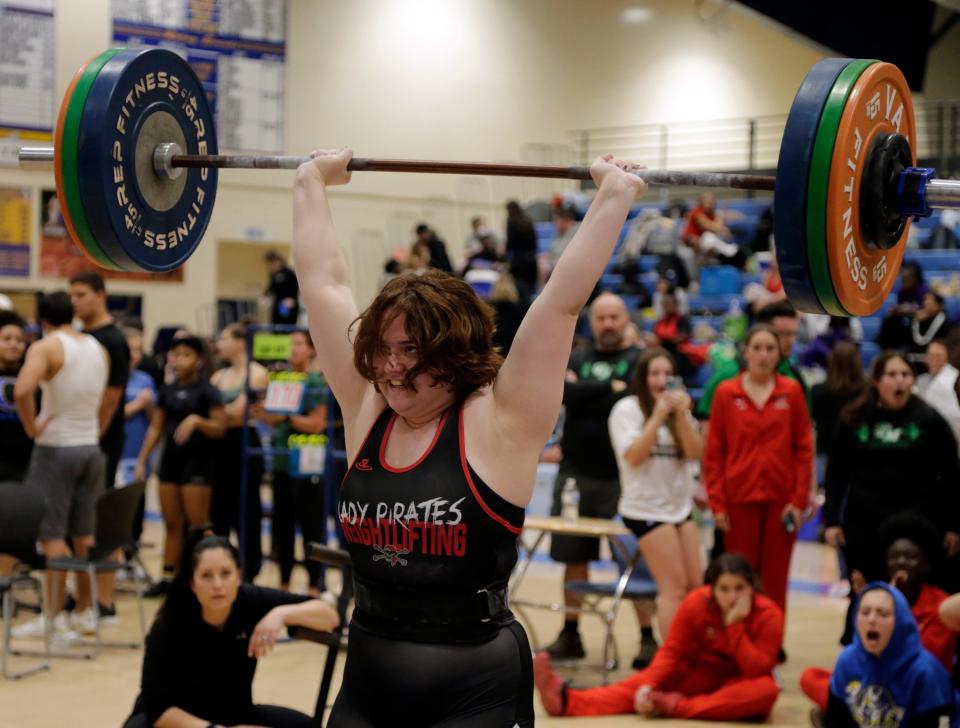 Defending state champion Tara Yount of Port Charlotte High won the bench and clean and jerk along with the snatch at the Class 2A-Region 4 meet Thursday afternoon at Charlotte High.