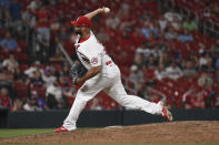 St. Louis Cardinals relief pitcher Luis Garcia throws during the ninth inning of the team's baseball game against the Atlanta Braves on Wednesday, Aug. 4, 2021, in St. Louis. (AP Photo/Joe Puetz)