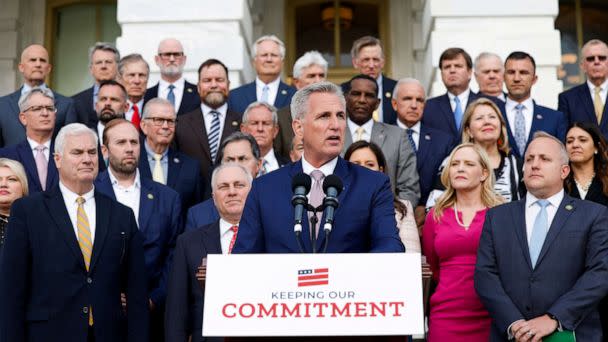 PHOTO: U.S. House Speaker Kevin McCarthy speaks at an event celebrating 100 days of House Republican rule at the Capitol Building April 17, 2023, in Washington, D.C. (Anna Moneymaker/Getty Images)