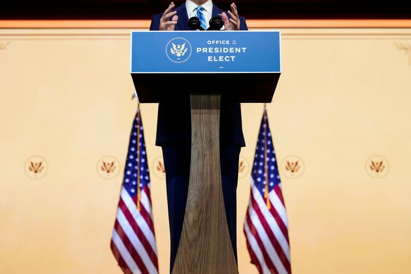 U.S. President-elect Joe Biden delivers pre-Thanksgiving speech at transition headquarters in Wilmington, Delaware