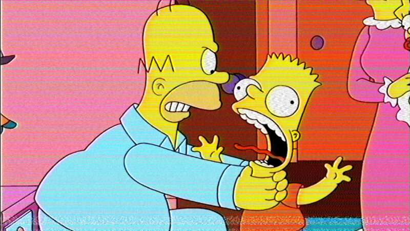 Homer Simpson strangling his son Bart in "The Simpsons."