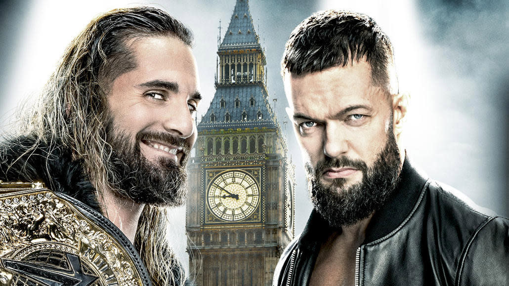  (L, R) Seth "Freakin" Rollins and Finn Bálor in art for the 2023 Money in the Bank live stream 