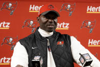 Tampa Bay Buccaneers head coach Todd Bowles speaks during a news conference after an NFL football game against the Green Bay Packers, Sunday, Dec. 17, 2023, in Green Bay, Wis. The Buccaneers won 34-20. (AP Photo/Morry Gash)