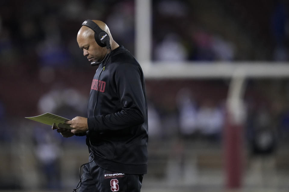Stanford head coach David Shaw stands near the sideline during the second half of an NCAA college football game against BYU in Stanford, Calif., Saturday, Nov. 26, 2022. (AP Photo/Godofredo A. V&#xe1;squez)