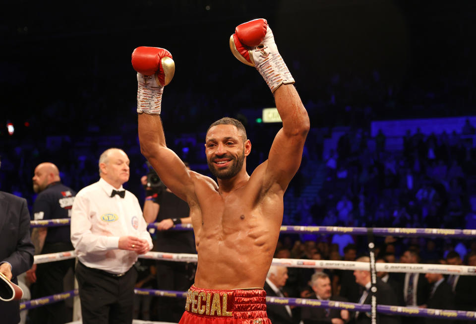 SHEFFIELD, ENGLAND - FEBRUARY 08: Kell Brook celebrates victory with the WBO Intercontiental Super-Welterweight belt after the WBO Intercontiental Super-Welterweight Title Fight between Kell Brook and Mark DeLuca at FlyDSA Arena on February 08, 2020 in Sheffield, England. (Photo by Richard Heathcote/Getty Images)