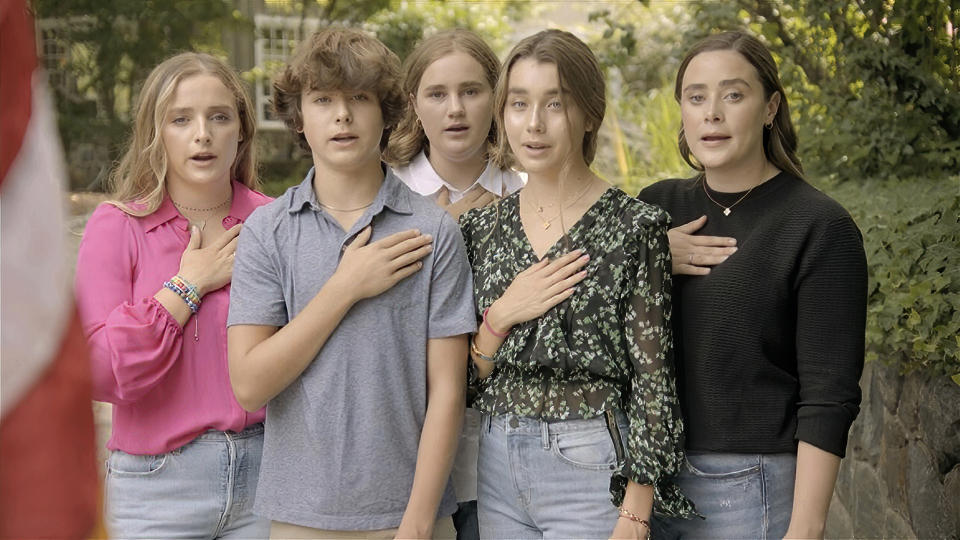 In this image from video, grandchildren of Democratic presidential candidate former Vice President Joe Biden, including Finnegan Biden, Hunter Biden, Natalie Biden, Naomi Bisden and Maisy Biden, lead the Pledge of Allegiance during the first night of the Democratic National Convention on Monday, Aug. 17, 2020. (Democratic National Convention via AP)