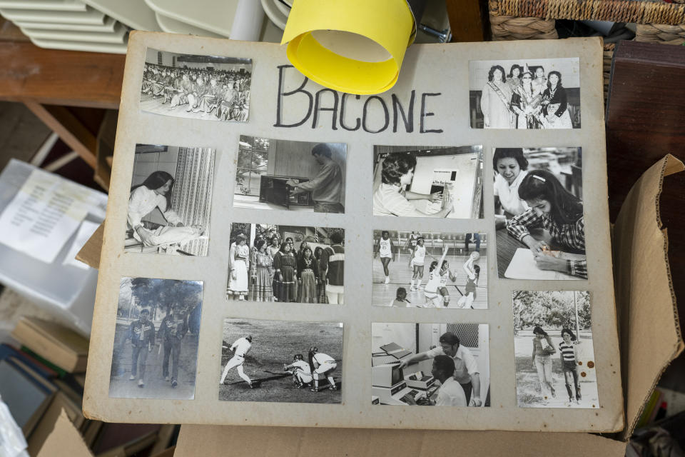 An old collage sits in a box in the basement at Bacone College, on Jan. 8 2024, in Muskogee, Okla. Founded in 1880 as a Baptist missionary college focused on assimilation, Bacone College transformed into an Indigenous-led institution that provided an intertribal community, as well as a degree. (AP Photo/Nick Oxford)