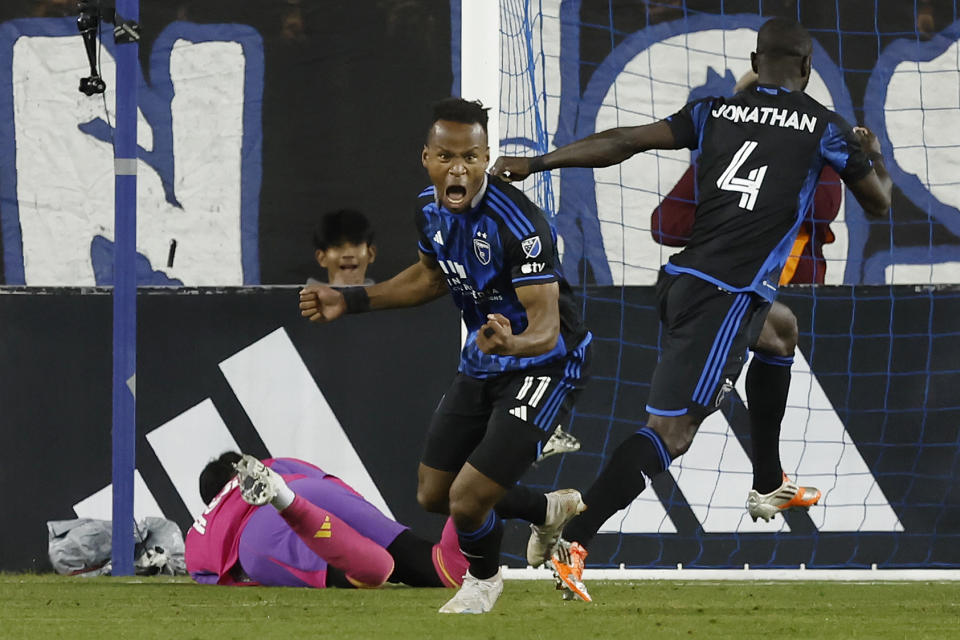 San Jose Earthquakes forward Jeremy Ebobisse (11) celebrates after scoring against the Vancouver Whitecaps during the second half of an MLS soccer match in San Jose, Calif., Saturday, March 4, 2023. (AP Photo/Josie Lepe)