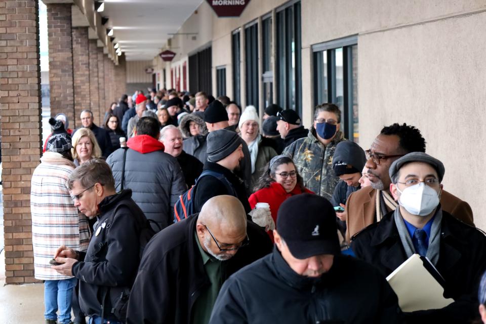 Some of the hundreds of candidates and campaign staff waited in line early on March 7, 2022 in Springfield to file their petitions to appear on that year's primary ballot. A similar line is expected on Monday for the 2024 primary.