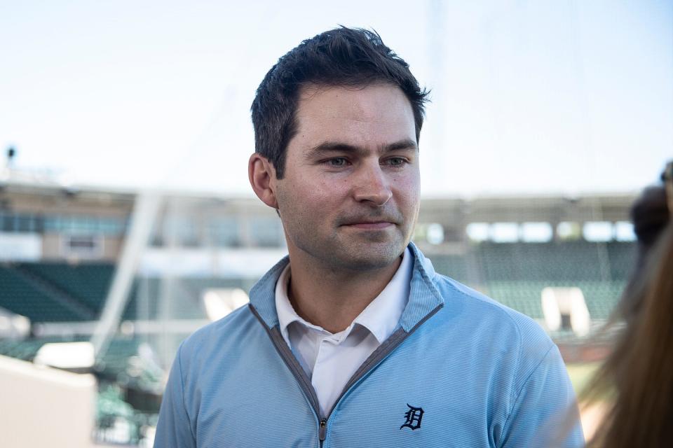 Detroit Tigers president of baseball operations Scott Harris speaks to media members during spring training at Joker Marchant Stadium in Lakeland, Fla. on Wednesday, Feb. 14, 2024.