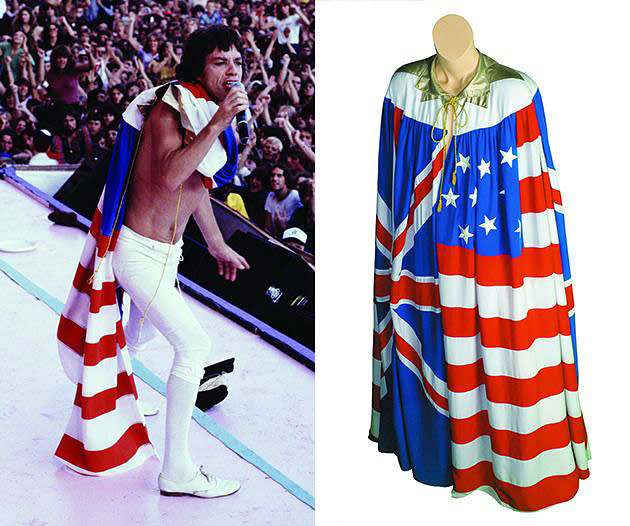 <p>Mick Jagger Stage Outfit, 1981<br> Collection of Mick Jagger<br> This outfit was worn by Mick Jagger during the Rolling Stones’ 1981-1982 tours of the U.S and Europe. The cape is made from actual flags. </p>