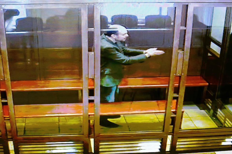 A screen set up at a hall of the Moscow City Court shows a live feed of the verdict in the case against Russian opposition figure Vladimir Kara-Murza, who is accused of treason and spreading 
