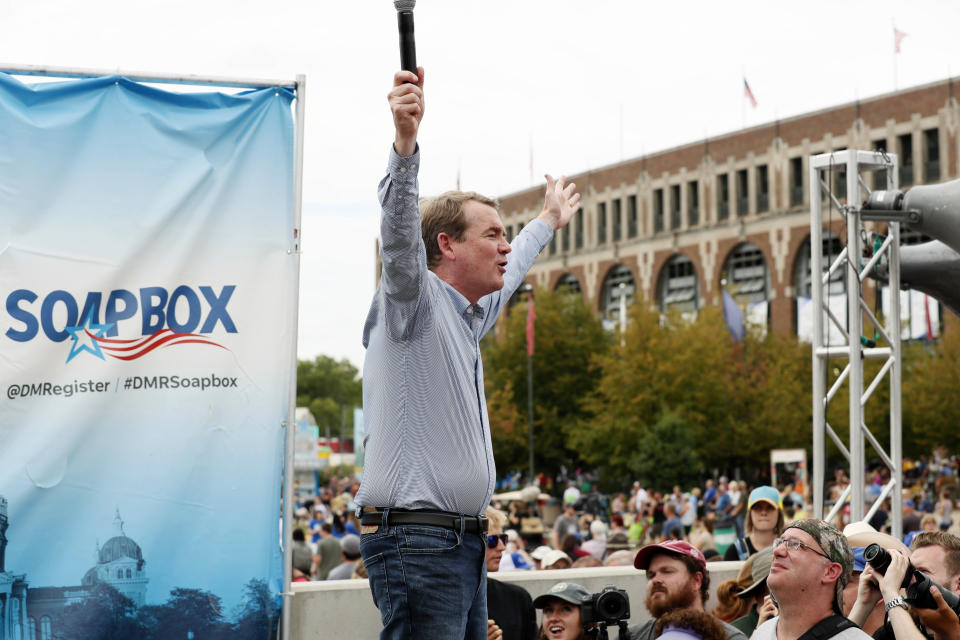 FILE - In this Aug. 11, 2019, file photo, Democratic presidential candidate Sen. Michael Bennet, D-Colo., reacts after his speech at the Des Moines Register Soapbox during a visit to the Iowa State Fair in Des Moines, Iowa. If there’s a place where Bennet’s low-key approach to the presidential contest would resonate, it would seem to be Iowa. But even here, the Colorado senator is running into the realities of modern campaigning, where the candidate with the best zinger or a viral tweet often gets top billing. He insists he won’t change. (AP Photo/Charlie Neibergall, File)