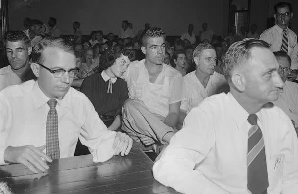 PHOTO: (Mrs. Carolyn Bryant sits with her husband Roy, in court where Roy and his half brother, J.W. Milam, are on trial for the 'wolf whistle' kidnap murder of Emmett Louis Till, in Sumner, Mississippi, Sept. 22, 1955. (Bettmann Archive/Getty Images)