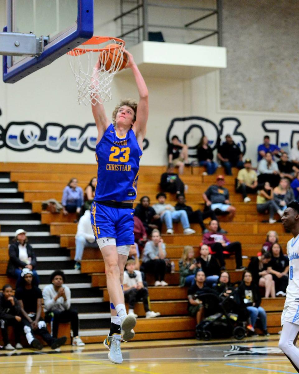 Ripon Christians Jace Beidleman (23) goes up for a dunk during the 27th Annual Six County All Star Senior Basketball Classic Boys game at Modesto Junior College in Modesto California on April 27, 2024. The Red team beat the Blue team 81-79.