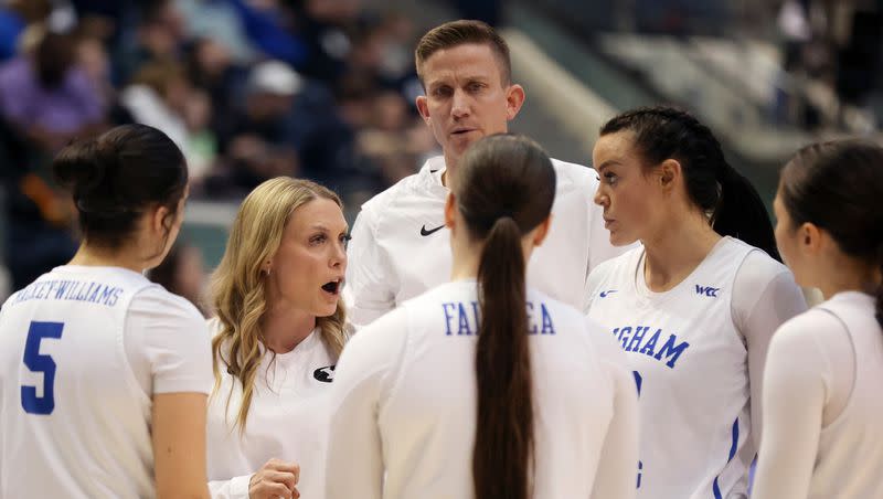 BYU women’s basketball head coach Amber Whiting talks to players during a timeout as the BYU Cougars play the Rice Owls in a Women’s National Invitation Tournament basketball game at the Marriott Center in Provo on Friday, March 17, 2023. BYU lost 71-67.