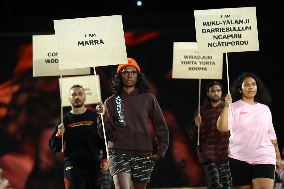 Models in looks from NIFA Business Achievement Award winner Clothing the Gaps, during the First Nations Fashion and Design group showcase at Afterpay Australian Fashion Week on May 13. - Credit: Mark Metcalfe