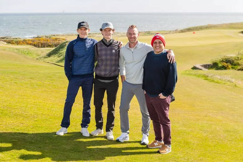 Tom Holland, Harry Holland, Donald Mustard, and Joe Russo attend the first annual Tom Holland Charity Golf Tournament benefitting The Brothers Trust and Sands: International Film Festival of St Andrews sponsored by AGBO on April 19, 2024 in St Andrews, Scotland.